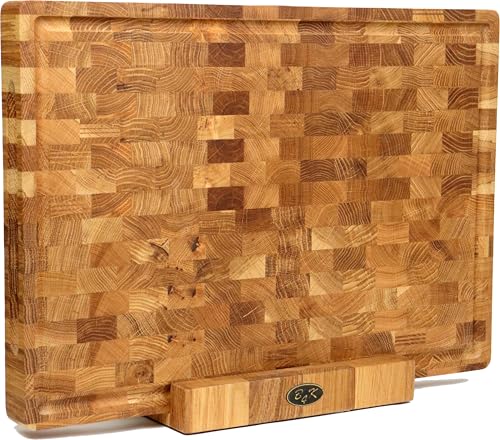 B4K® Schneidebrett Mit Ständer Aus Eiche Stirnholz 50 × 35 × 4 Cm – Massiver Hackblock | Antibakterielles Hirnholzbrett Mit Griffen, Saftrille &Amp; Silikonfüßen | Perfekt Für Küche, Fleisch &Amp; Bbq