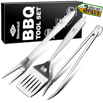 STEVEN-BULL Heavy Duty BBQ Grilling Tool Sets, Extra Thick Stainless Steel Spatula Fork and Tongs, Extra Long Grill Accessories, 18 Inch, Best for Barbecue & Grilling, Gift Box Package, 3 Pack