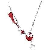 Tufeney Sterling Silver Wine Bottle & Glass Pendant Necklace for Women - 925 Silver, Red Gemstone, 1.37 inches