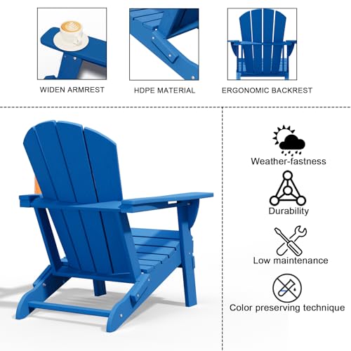 Patio Kingdom Folding Adirondack Chairs with Cup Holders, Set of 6 HDPE Plastic Outdoor Chairs, Weather Resistant, Real Wood Look, Heavy-Duty Patio Furniture for Deck, Fire Pit, Backyard, Blue