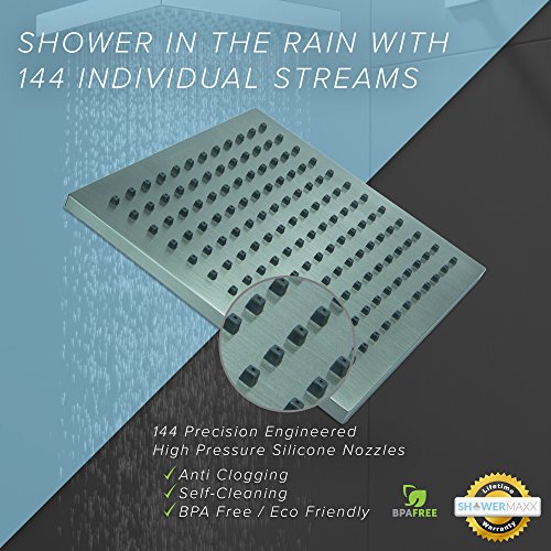 ShowerMaxx, Elite Series, 8 inch Square High Pressure Rainfall Shower Head, MAXX-imize Your Rainfall Experience with Easy-to-Remove Flow Restrictor Rain Showerhead, Brushed Nickel Finish