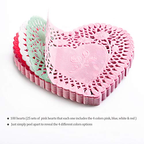 rivcoim Mini Valentine's Heart doilies 4 inch, Colors Red, Pink, White, and Blue(100 pcs)
