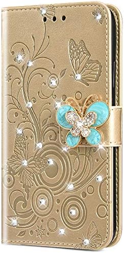 Case Compatible Samsung Galaxy S9 Plus,Cover Shell KunyFond Leather Wallet Butterfly Blossom Flowers Bling Light Glitter Diamond Embossed Pattern Folio Stand Function Card Slot Magnetic Bumper-Gold