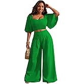 WUSENST Women's Summer 2 Piece Outfits 2025 Ruffle Sleeve Sweetheart Neck Crop Tops Wide Leg Pant Sets Casual Tracksuit