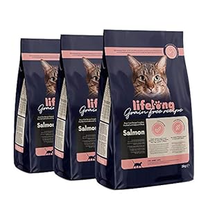 Marca Amazon Lifelong Alimento seco para gatos adultos con salmón fresco, receta sin cereales – 3kg *3
