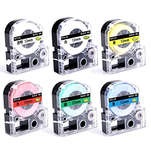 Mylabel キングジム用 テプラ テープ 12mm 互換テープカートリッジ 6色セット 白 透明 赤 黄 緑 青地 黒文字 SC12-6P 長さ8m テプラPRO