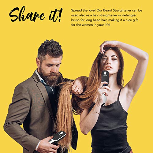Beard Straightener Brush - Ceramic Heat w/Anti-Scald and Automatic Shut-Off Safety Features, 3-Temp Settings, LED Display - Straightening Brush w/Ionic Conditioning for Smooth and Sleek Hair