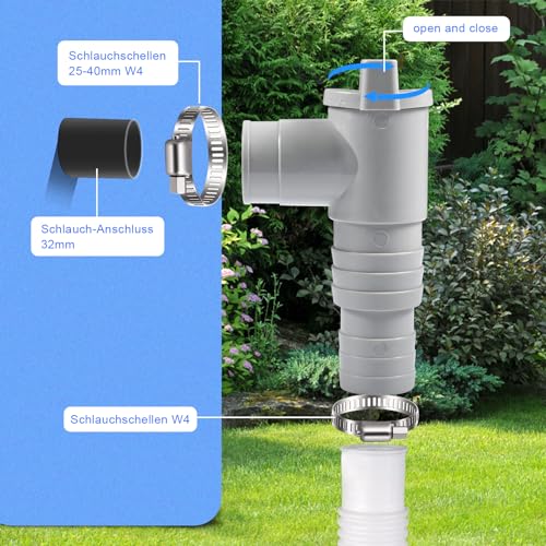 2 x Stop Valve for Swimming Pool, 32 mm Stop Valve, 32 mm Pool Tap with 6 Clamps, Piston Valve Pool Parts, Pool Maintenance Accessories
