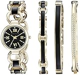 Anne Klein Women's AK/1982BKST Swarovski Crystal-Accented Gold-Tone and Black Watch and Bracelet Set