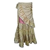 Mogul Interior Women's Wrap Skirt Beige Ruffled Upcycled Silk Tiered Beach Boho M