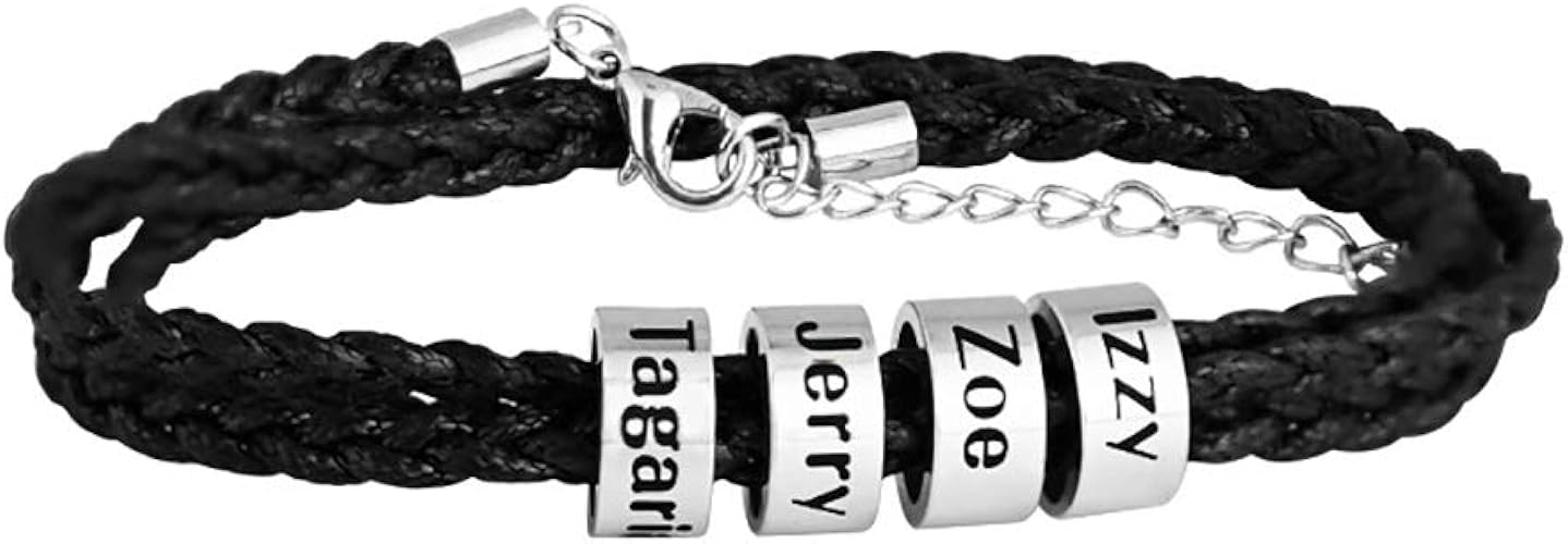 Personalized Family Names Bracelet, Black Braid Bracelet with Engraved