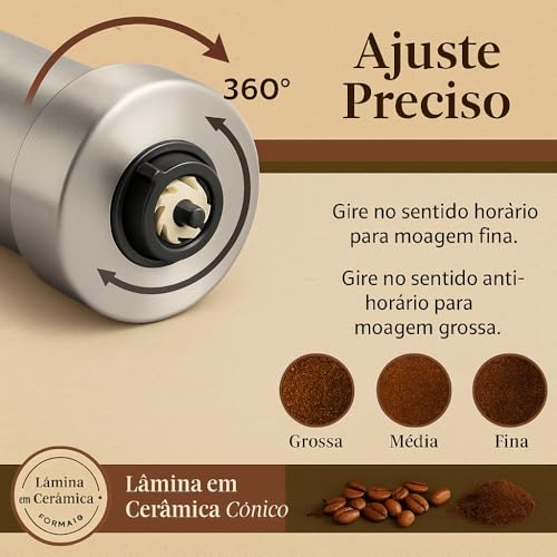 Moedor de Café Manual em Aço Inoxidável Portátil | Ajustável, Moagem Fina e Grossa