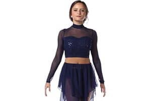 Alexandra Collection Womens Romantic Long Sleeve Sequin Mesh Dance Costume Crop Top