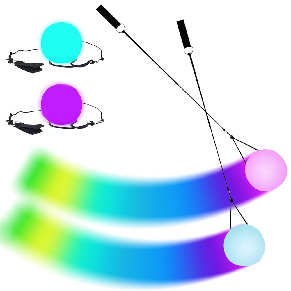 Jonuin 2 Pack LED Poi Balls, 7 Colors Luminous Poi Juggling Balls for Beginners and Professionals, LED POI Spinning Ball, Play in the Dark for Dancing, Camping, Light Shows, Raves
