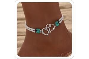 ANGLEQUEEN Elastic Beaded Ankle Bracelets for Women Double Heart Layered Stretch Ankle Bracelets Waterproof Dainty Boho Beaded Anklets for Summer Beach Foot Jewelry