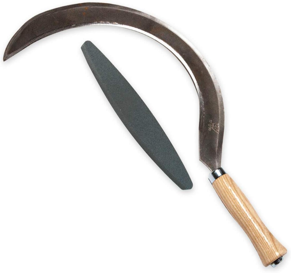 4betterdays.com NATURlich leben! Mondsichel/Sense für Rechtshänder inkl. gratis Schleifstein - mit Eschenholzstiel - Stiellänge: 14 cm, Gewicht 300 gr - Handgeschmiedet in Deutschland