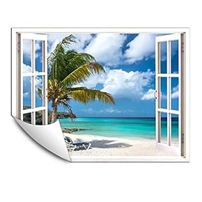 Wall Murals for Bedroom Fake Window Beach White Window Removable Wallpaper Peel and Stick Wall Stickers - 24x32 inches