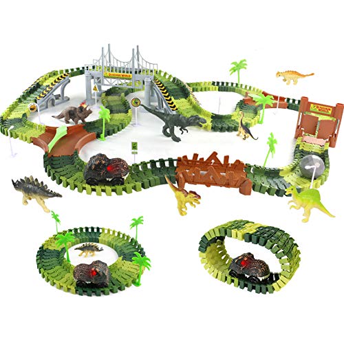 Dinosaurier Spielzeug ab 3 Jahre Rennbahn 216 Stück mit 8 Dinosaurier Figuren 1 Auto Spielzeug Kinderspielzeug ab 3 4 5 6 Jahre Junge Mädchen Geschenk