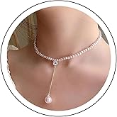 Andelaisi Boho Pearl Y Lariat Choker Necklace Gold Pearl Y Drop Necklace Vintage Crystal Pearl Pendant Necklace White Pearl Bead Y Necklace Jewelry for Women