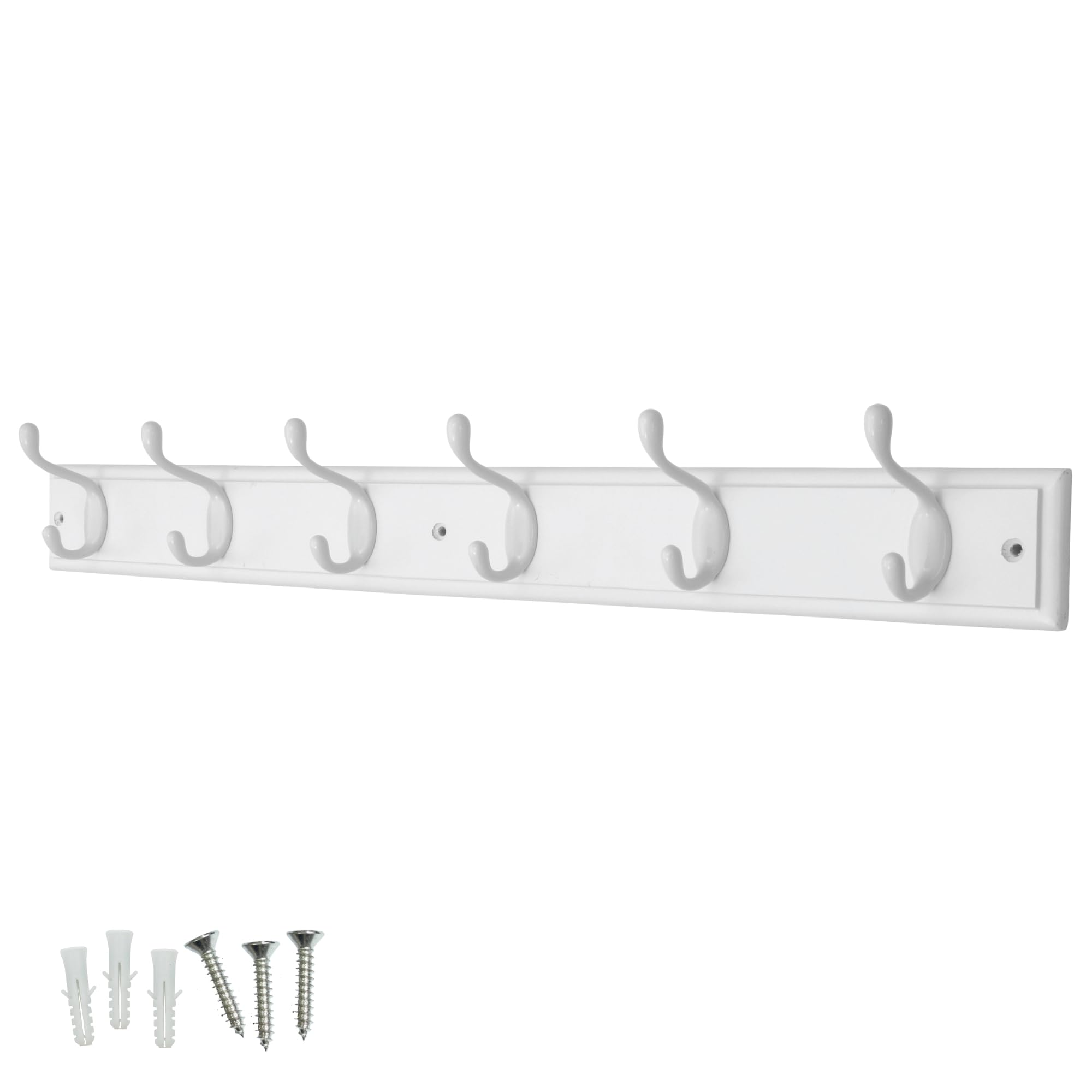 Keypak 6 Hook White Wooden Wall Mounted Coat Rack with 6 White Hooks - Heavy Duty Wooden Board for Coats, Hats, Bags, Tools Space Saving Wall Storage Organiser, Fixings Included