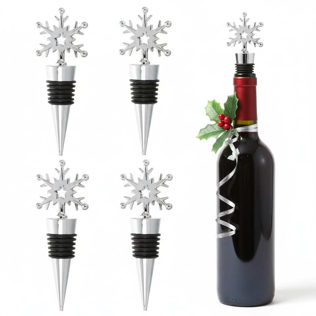 Housoutil Snowflake Wine Bottle Stopper, 4PCS Christmas Snow Saver Sealer Wine Corks, Reusable Stainless Steel Snowflake Decorative Bottle Stopper Airtight Seal for Entertaining, Keeping The Freshnes