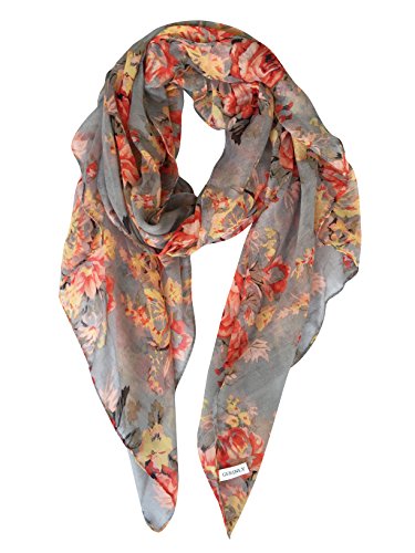 GERINLY Lightweight Scarves: Fashion Flowers Print Shawl Wrap For Women (Grey)