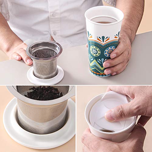 LIFVER 18 Ounces Ceramic Travel Mug, Drink Cup for Coffee, Tea, Milk with Infuser and 2 Lid, Green