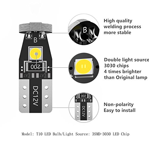 12pcs 194 LED Bulb, 168 LED Bulb, T10 LED Bulb, 2825 W5W LED Bulb, White 6000k Super Bright 3030 Chipset LED Bulbs for Interior lights, Dome Map Door Courtesy License Plate Lights - Thumbnail 2