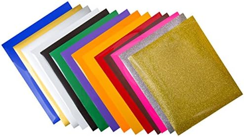 12" x 10" Heat Transfer Vinyl Sheets (14 Pack), Includes 2 Glitter and 2 Neon Sheets, For T-Shirts, Hats, Clothing, Iron-On PU HTV Vinyl Bundle for Silhouette Cameo, Cricut, Heat Press Machines