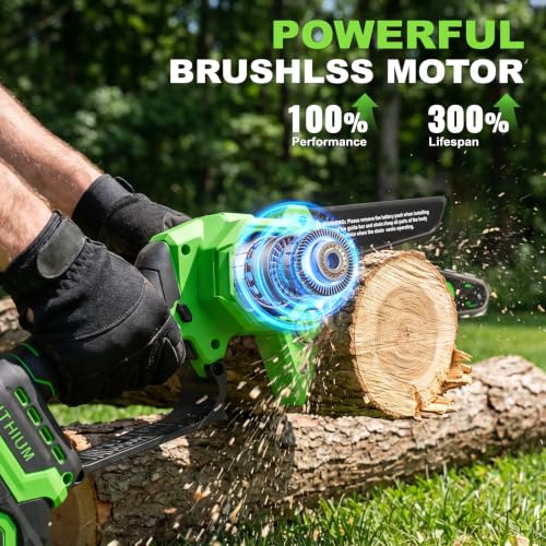 WORFCI 8-Inch Mini Chainsaw with 2Pcs Batteries&Charger, Brushless Cordless Chainsaws with Auto-Oiler, Electric Chain Saw Perfect Gardening Tools for Wood/Trees Pruning, Gifts for Men Women