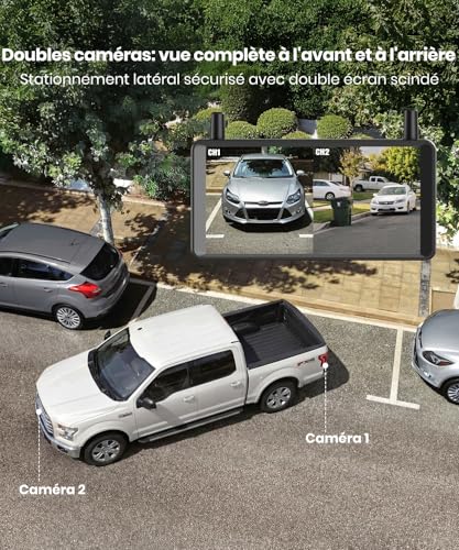 Caméra de recul solaire sans fil 7,2" avec enregistrement en boucle DVR : HD 1080p, installation rapide en 2 minutes, caméra de recul à écran partagé pour voiture