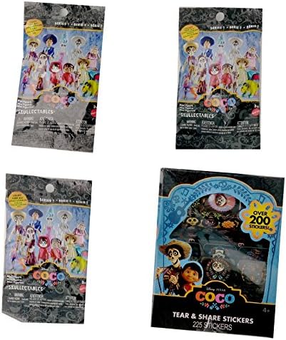 Disney Coco Skullectables Series 1 Blind Bags and stickers bundle -- 4 items: 3 Blind Bags and 1 box of 225 Coco stickers