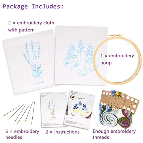 2 Pack Embroidery Kit, Full Range of Embroidery Starter Kit with Pattern DIY Embroidery Kit for Beginner Including Embroidery Cloth, Embroidery Hoop, Threads, Tools Kit (Lavender and Lupine)