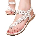 TOOPOOT Women's Sweet Summer Bohemia Beaded Sandals Clip Toe Flat Sandals (8, white)