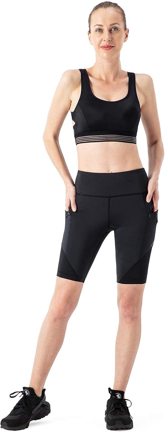 Naviskin Women's Compression Running Shorts High Waist Workout Athletic Biker Shorts with Zipper Pockets: Clothing