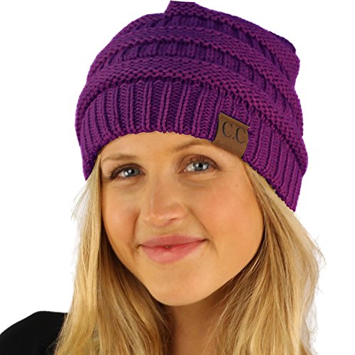 CC Fleeced Fuzzy Lined Unisex Chunky Thick Warm Stretchy Beanie Hat Cap Solid Purple