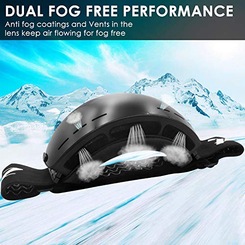 Zerhunt Ski Goggles, Snowboard Goggles Over Glasses, Anti Fog UV Protection Snow Goggles OTG Interchangeable Lens for Men Women Snowmobile, Skiing, Skating, Black