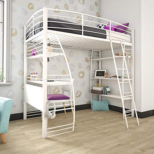 DHP Studio Loft Bunk Bed Over Desk and Bookcase with Metal Frame, Gray