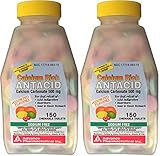 Calcium Carbonate 500 mg Generic for Tums Regular Strength Antacid Tablets for Fast Relief of Acid Indigestion Heartburn Sour Stomach Assorted Fruit Flavored 150 Chewable Tablets per Bottle Pack of 2