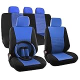 OxGord 17pc Set Flat Cloth Mesh (Blue/ Black) Wide Stripe Seat Covers - Airbag Compatible - Universal Fit + Steering Wheel Cover