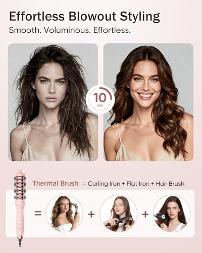 Thermal Brush for Blowout Look with Hair Volume Boost, Heated Curling Brush for Fast Styling, 2× Negative Ion Release to Smooth Frizz, Airflow Heat & Dual PTC Technology Hair Tool, Pink