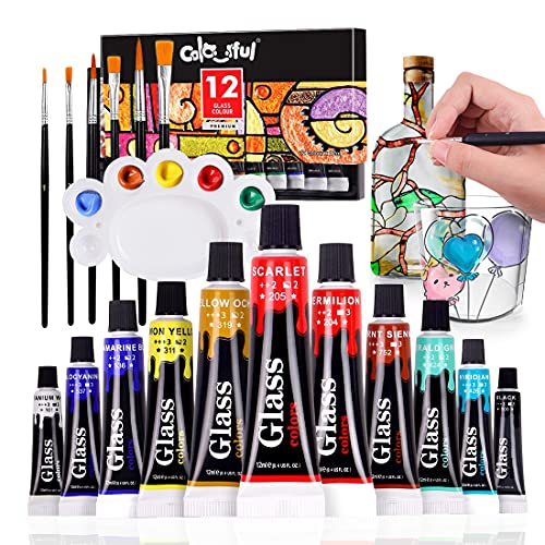 COLORFUL Acrylic Glass Paint Set with 6 Brushes, 1 Palette, 12 Colors