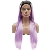 Lushy Hair Synthetic Lace Front Wig Straight Long 24inch Dark Root Light Purple Ombre Wig Heat Resistant Heavy Density Realistic Wig