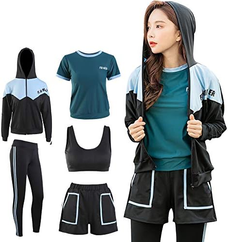 Genfien Sportswear Women’s Yoga Wear, Top and Bottom 5-Piece Set, Stretchy, Breathable, Sweat Absorbent, Quick Drying, Training Sports Bra, Padding, Spring, Summer, Autumn, Winter, Athletic Style, Fitness