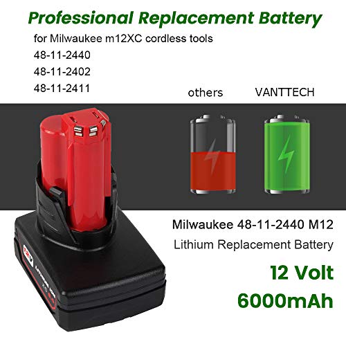 VANTTECH 2-Pack 12v 6.0Ah Lithium Battery for Milwaukee 12-Volt Cordless Power Drill Tools XC 48-11-2440 48-11-2402 48-11-2411