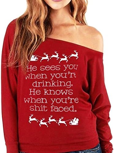 Women Blouse Girls Fashion Letter Christmas Print Long Sleeve Pullover Loose Cotton Spandex Slash Neck Sweatshirt Ladies Casual Holiday Tops by DUORDUO (L, Red2)