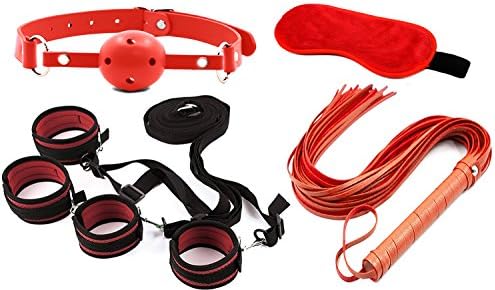 Vipo Durable 4-PC Black Cosplay Kit For Role Play Game With Blindfold, Whip and Gag. (Red)