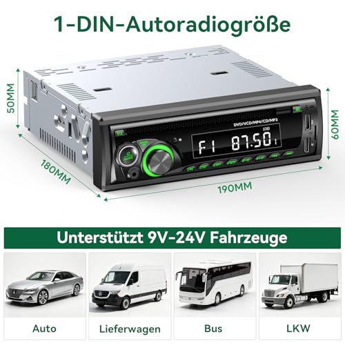 Car Radio Bluetooth with CD DVD Player, Wistrue RDS/FM/AM Car Radio 1DIN, 7 Colours Radio with 2 USB SD/AUX/Steering Wheel Remote Control, MP3 Player