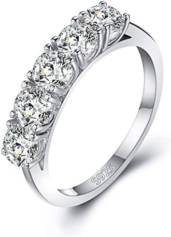 Mozume Women's Five Stone 4mm Cubic Zirconia Round Cut Engagement Ring CZ Wedding Band Anniversary 925 Sterling Silver