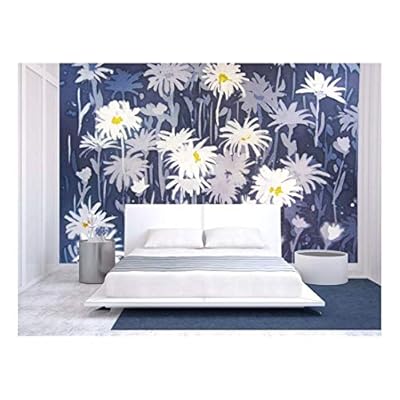 Background Abstract Painting with Chamomile Flowers in White and Blue. - Removable Wall Mural | Self-Adhesive Large Wallpaper - 100x144 inches